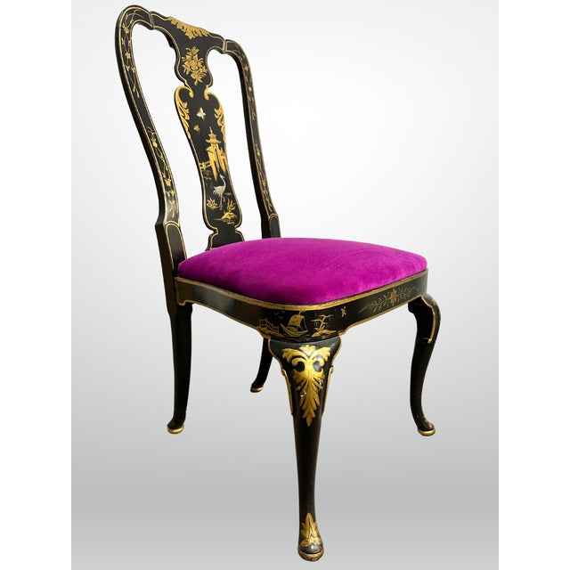 Kindel Queen Anne Hand Painted Chinoiserie Chairs Set of 6 Fuschia Velvet For Sale - Image 9 of 13