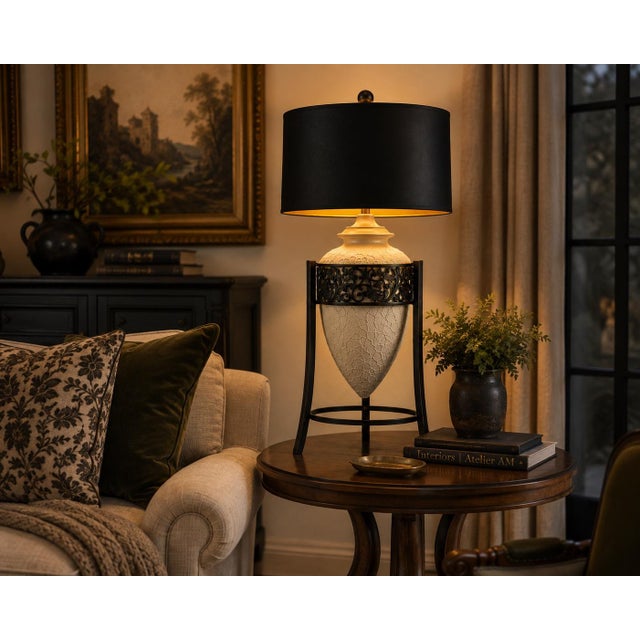 Vintage Mediterranean Textured Ceramic Tripod Urn Lamp With Black & Gold Shade For Sale - Image 4 of 4