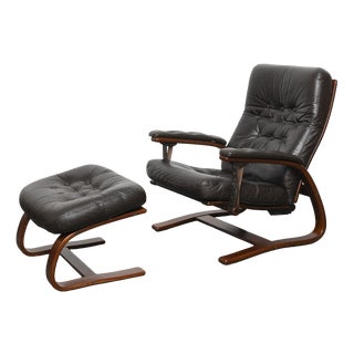 Set of Panter Leather Chair with Ottoman by Arnt Lande for Westnofa, Norway, 1970s For Sale