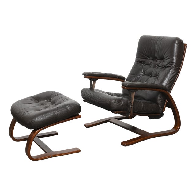 Set of Panter Leather Chair with Ottoman by Arnt Lande for Westnofa, Norway, 1970s For Sale