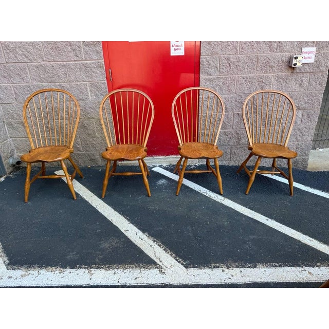 Late 20th Century Bent Brothers Colonial Style Bow Back Windsor Oak Wood Dining Chairs For Sale - Image 4 of 16