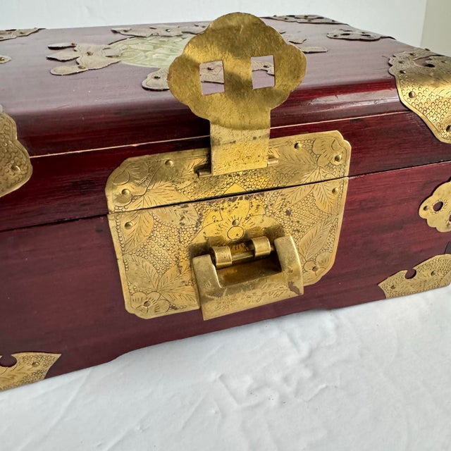 Rosewood Jewelry Box Brass Carved Jadeite Asian Chinoiserie Medallion Hinged Lid Lock Trunk For Sale - Image 4 of 11