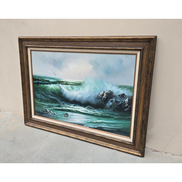 Realism Vintage Mid Century Oil on Canvas Picture Painting Ocean Wave Crashing by Gavin For Sale - Image 3 of 18