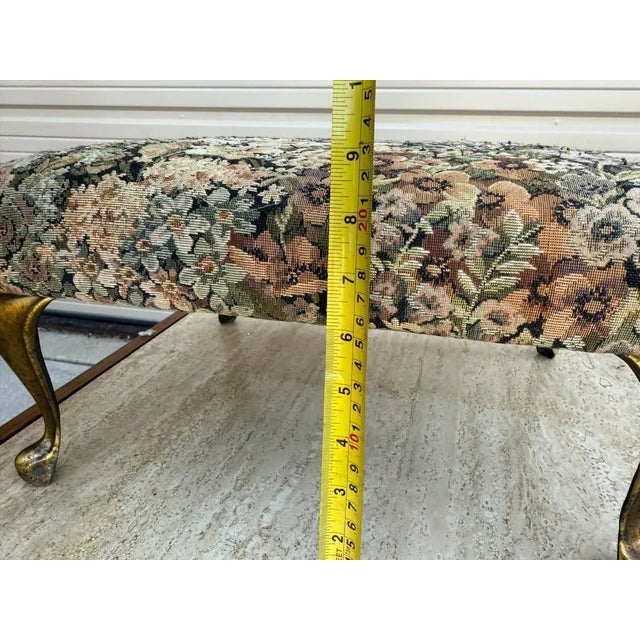 Late 20th Century Late 20th Century Vintage Queen Anne Style Stool Floral Upholstered and Brass Color Metal Leg Footstool For Sale - Image 5 of 8