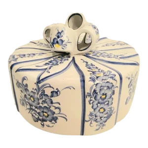 Vintage Blue White Fitz and Floyd Style Ceramic Chinoiserie Bow Floral Cake Plate Cover Server