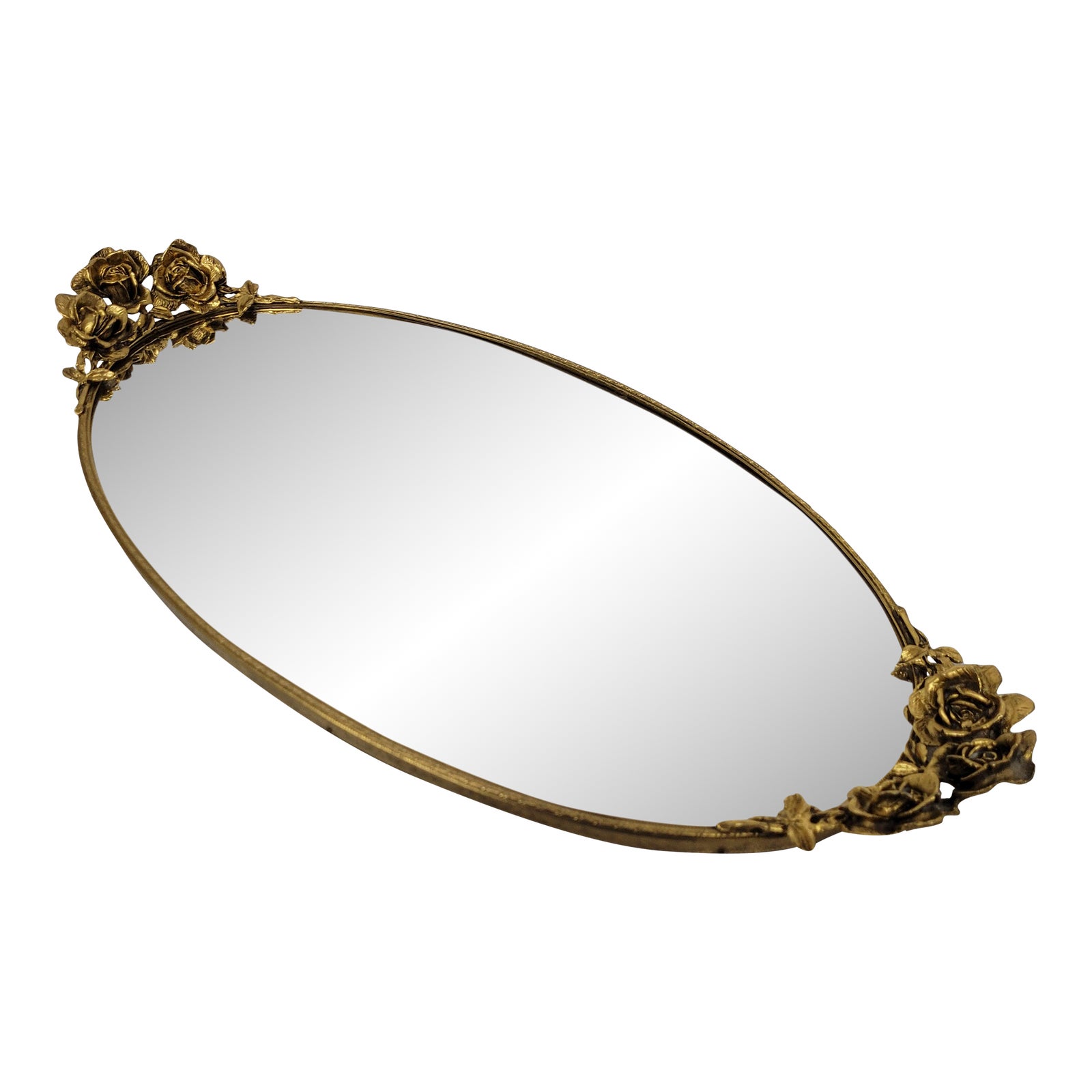 1960s Vintage Gold Vanity Mirror Oval Tray Filagree Roses Neoclassical