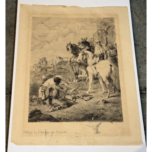 Antique Etching by French Artist Louis Monziès After Eugene Fromentin - Orientalist Falconry Equestrian For Sale In Greenville, SC - Image 6 of 17