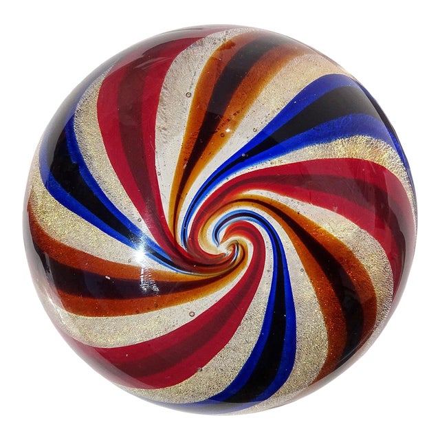 Murano Barovier Toso Vintage Blue Orange Red a Canne Gold Flecks Italian Art Glass Paperweight For Sale