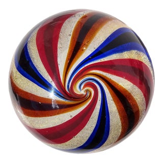 Vintage Murano Barovier Toso Blue Orange Red a Canne Gold Flecks Italian Art Glass Paperweight For Sale