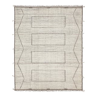 Modern Minimalist Moroccan Style Wool Rug – Handmade Geometric Linear Design For Sale