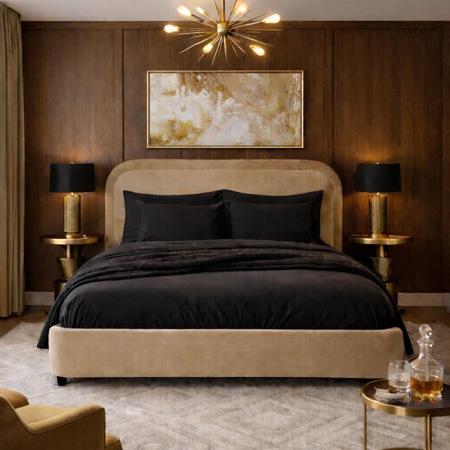 Wood Renfrow Velvet Rounded Midcentury Modern Queen Bed Frame For Sale - Image 7 of 7