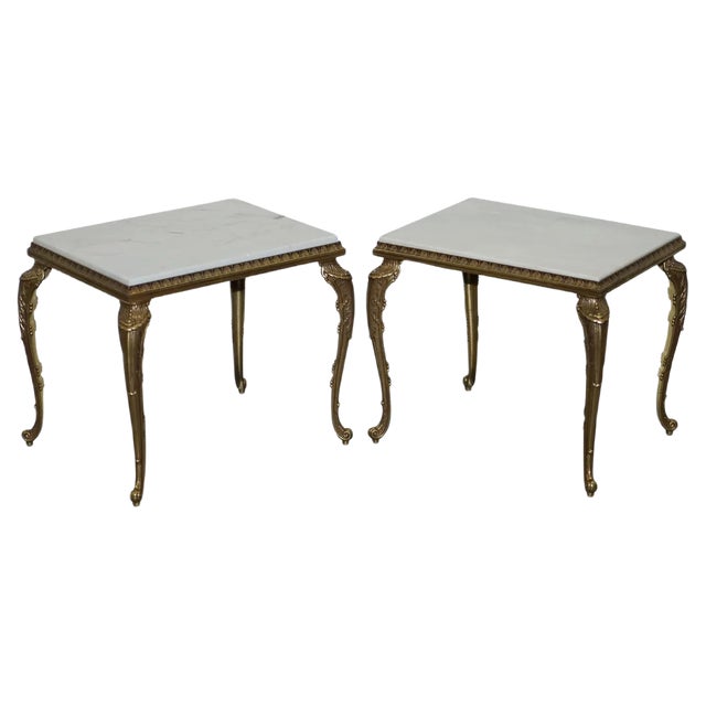 French Brass Framed Side Tables with Italian Marble Tops, 1900s, Set of 2 For Sale
