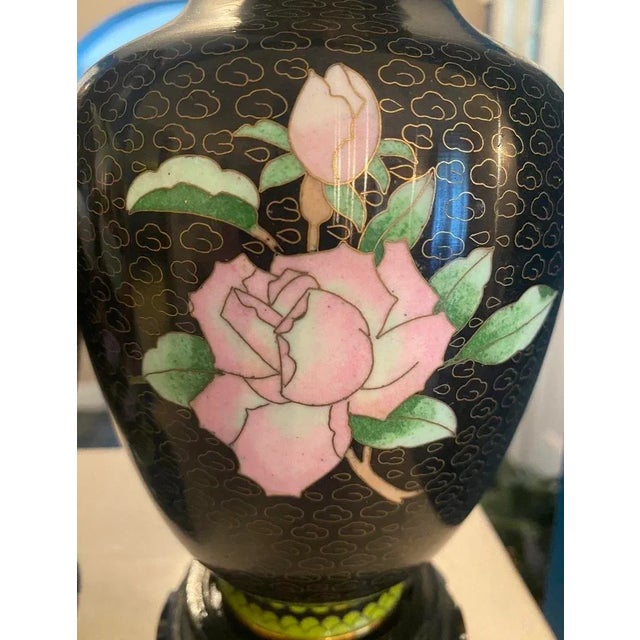 Pair of Late 20th Century Black Cloisonné Vases With Pink Roses For Sale - Image 9 of 12