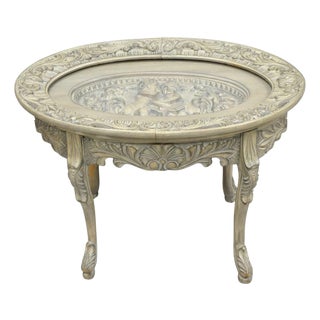 Vintage French Renaissance Walnut Gray Distress Painted Cherub Coffee Table For Sale