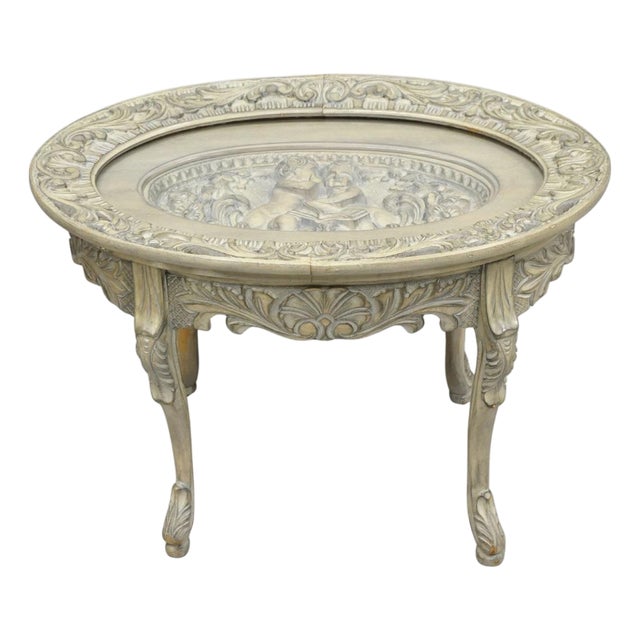 Vintage French Renaissance Walnut Gray Distress Painted Cherub Coffee Table For Sale