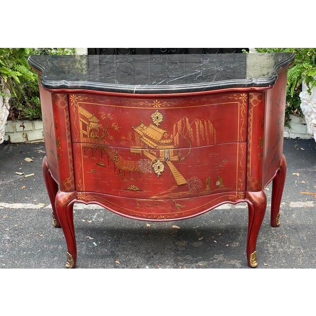19th C Style Red Chinoiserie & Black Marble Commode - The Newport Historic Mansion Collection. It features beautifully...