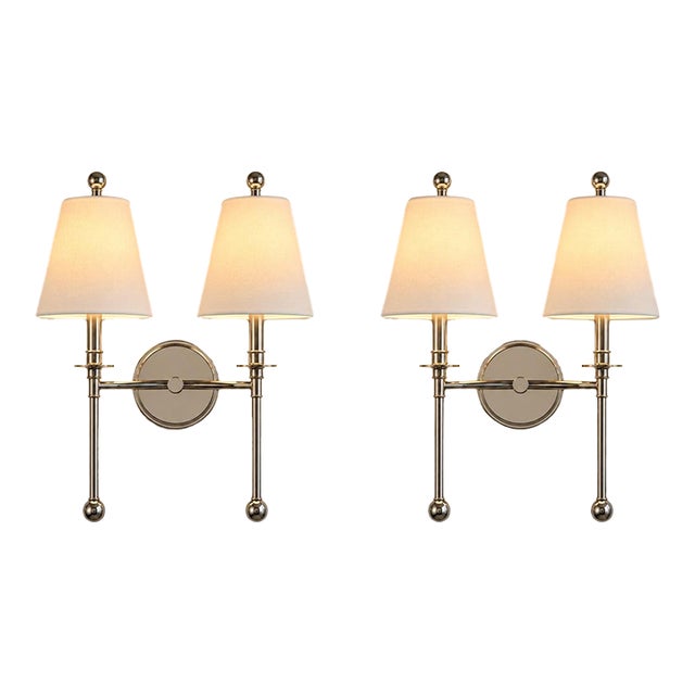 Newell Wall Mounted Double Arm Sconce With Fabric Shade Set or 2 For Sale
