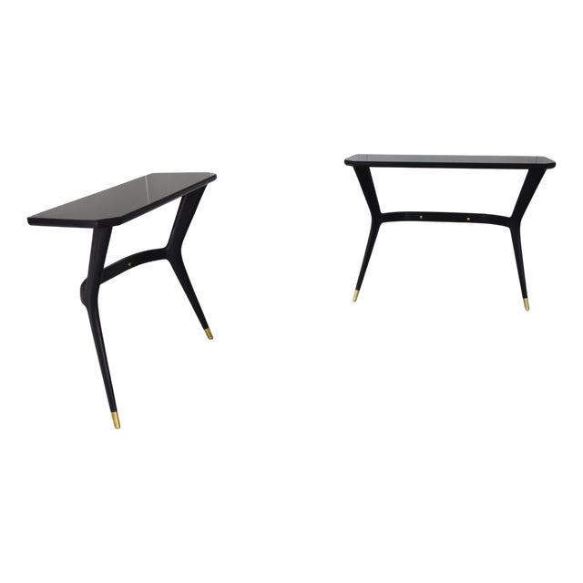 Console Tables in Black Lacquered Walnut with Brass Details and Glass Top attributed to Ico Parisi, 1950s, Set of 2 For Sale