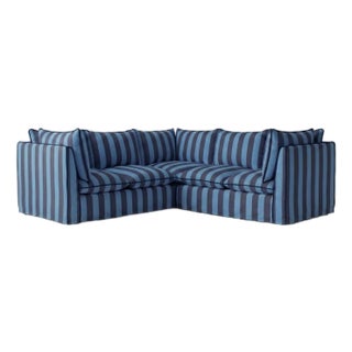 Sophie Conran Coco 3x3 Sectional Sofa - Coastal Blue & Navy Blue Stripes with Knife Edge Cushion For Sale