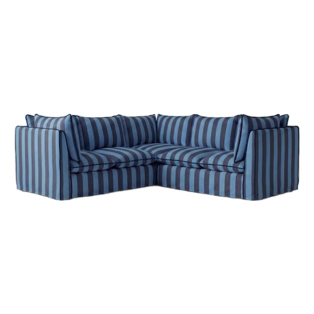 Sophie Conran Coco 3x3 Sectional Sofa - Coastal Blue & Navy Blue Stripes with Knife Edge Cushion For Sale