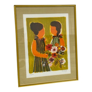 Framed Surrealist Limited-Edition Lithograph "Woman With Flowers" ~ Frederic Menguy For Sale
