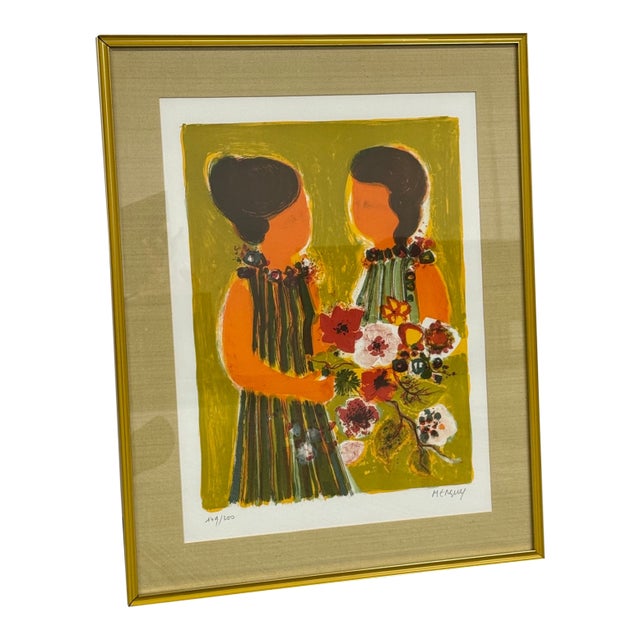 Framed Surrealist Limited-Edition Lithograph "Woman With Flowers" ~ Frederic Menguy For Sale