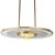 Mid-century pendant light with glass disc saucer with glass fins filtering the bulb. Rigid poles attach to the ceiling...