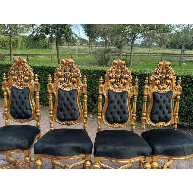 1900 Italian Baroque Rococo Gilded Beech Black Velvet Chairs - Set of 7 For Sale - Image 12 of 18