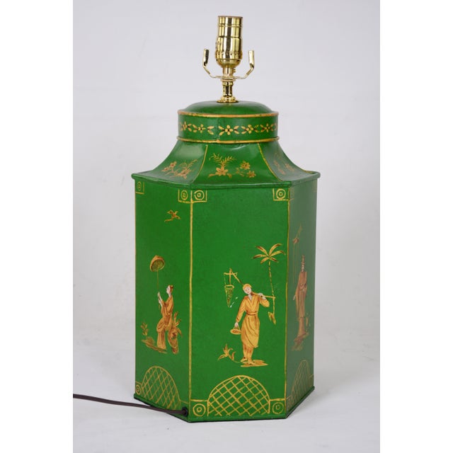 Vintage Tea Caddy Table Lamp With Green and Gold HandPainted Chinoiseries Style Figures From