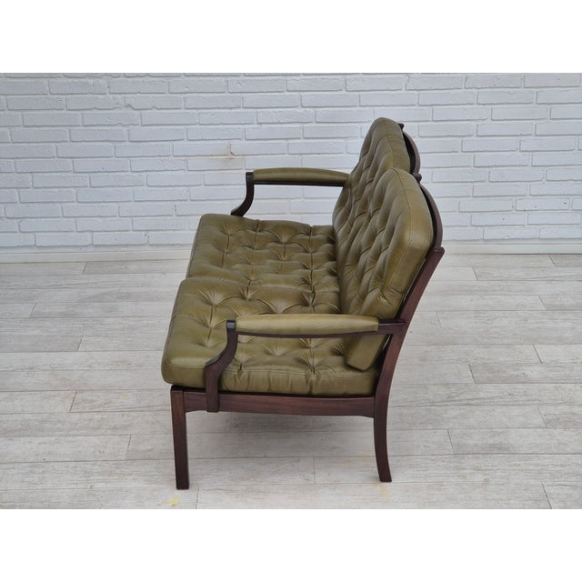 Scandinavian 2 Seater Sofa in Green Leather & Teak Wood, 1970s For Sale - Image 9 of 18