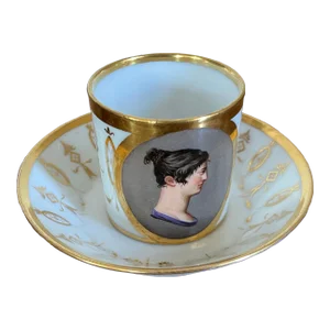 Antique Early 19th Century French Empire Paris Porcelain Coffee Can Cup and Saucer With Classical Portrait
