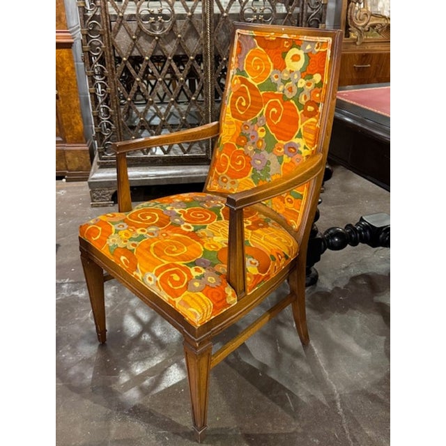 Mid 20th Century Set of 8 Pecan Dining Chairs With Jack Lenor Larsen Fabric For Sale - Image 5 of 7