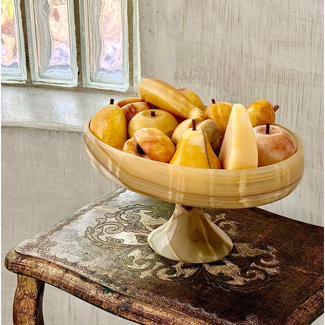 Stone Exceptional Vintage Mid-Century Mexican Carved Onyx Stone Pedestal Bowl, Centerpiece Filled With 12 Assorted Onyx Fruit For Sale - Image 7 of 12