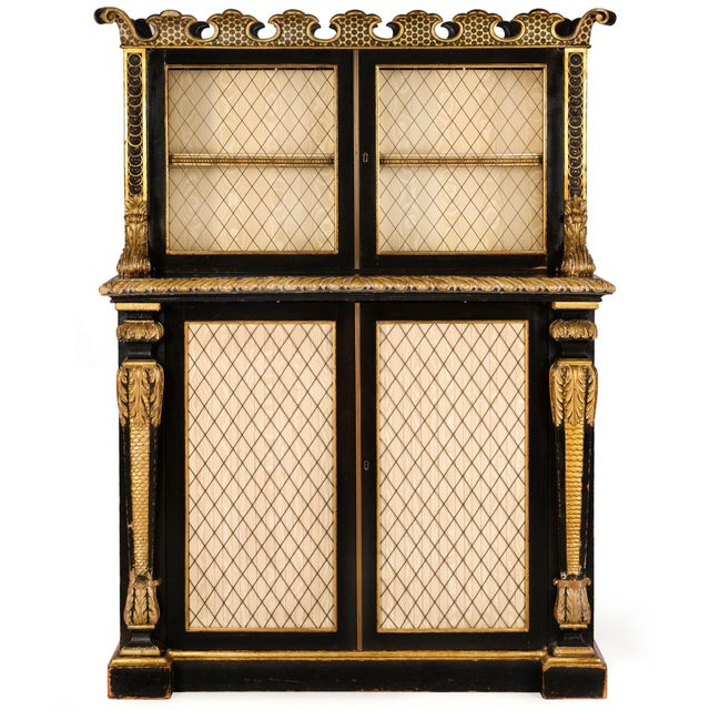 Traditional Regency Period Black and Gilt Painted Bookcase Cabinet, 19th Century For Sale - Image 3 of 18