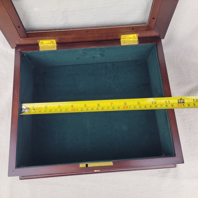 Vintage 1994 Bombay Company Mahogony Wood Glass Top Display Shadow Box Green Velvet Interior For Sale - Image 14 of 14
