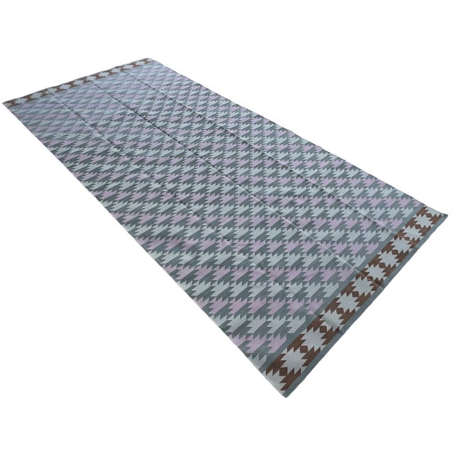 Mid-Century Modern Handmade Cotton Area Rug, Vegetable Dyed, Gray, Pink, Cream and Tan Geometric Dhurrie -6'x12' For Sale - Image 3 of 13
