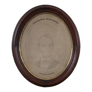 1865 WH Pratt German Calligraphic Emancipation Proclamation Lincoln Portrait Print, Framed