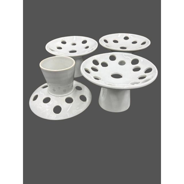 Vintage Gilt Porcelain Urns / Vases With Underplates, Foo Dog Finials and Flower Frogs Inserts, Set of 4 For Sale In Houston - Image 6 of 12