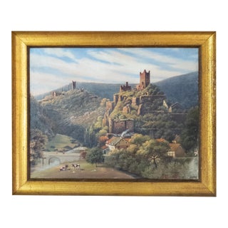19th Century European German Landscape Oil Painting With Castle Ruins For Sale