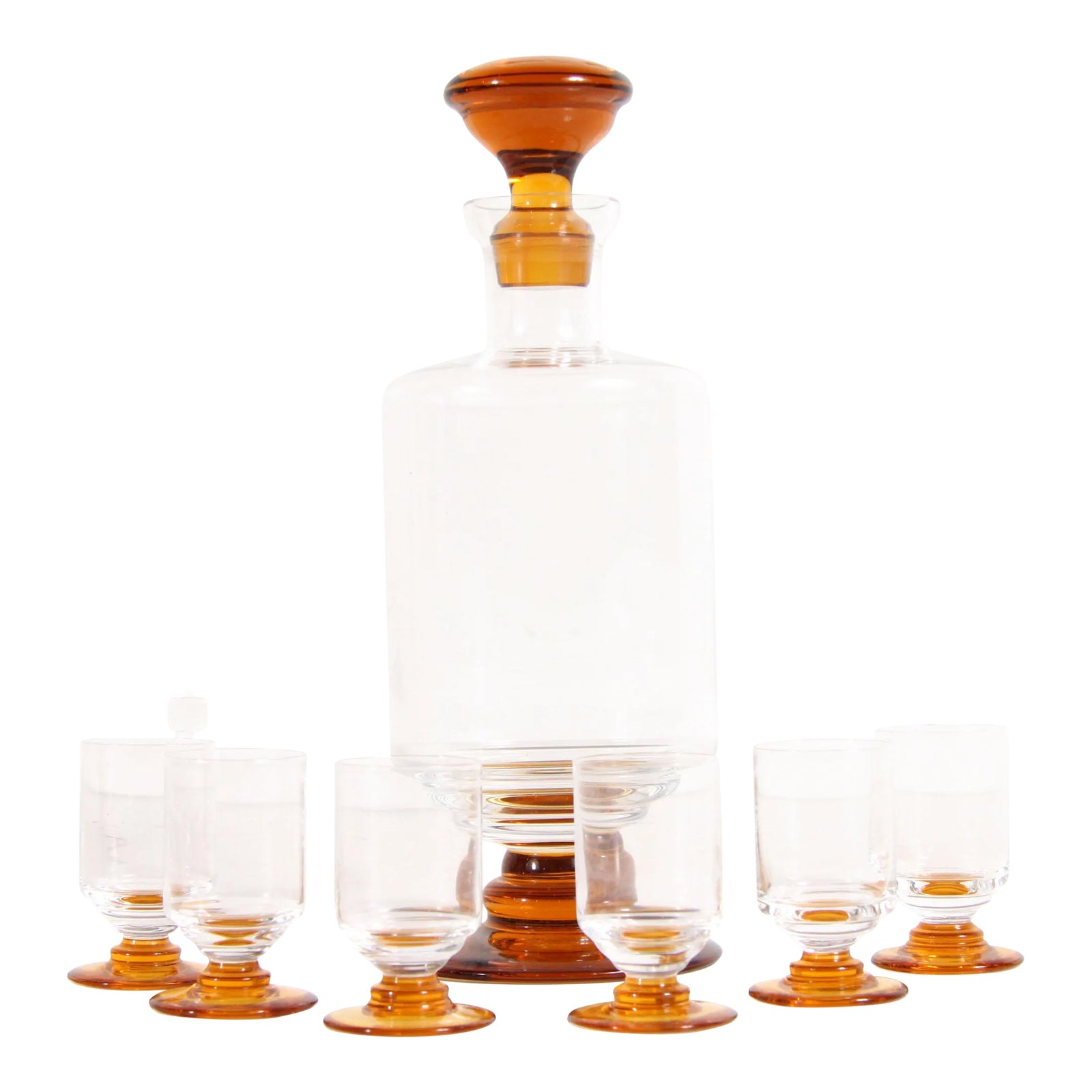 Vintage Hand Blown Amber Art Glass Decanter & 6 Cordial Glasses - Set of 7
