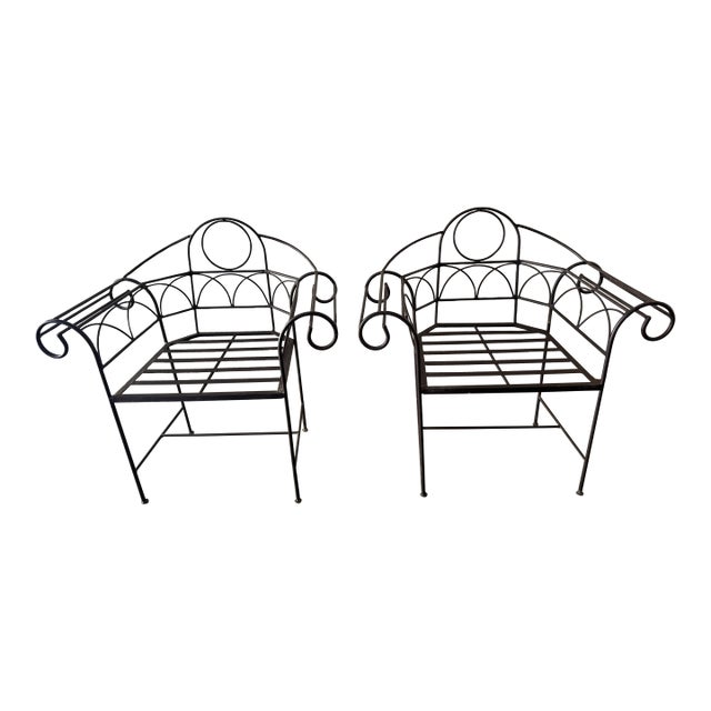 Mid 20th Century Wrought Iron Scroll Garden Armchairs - A Pair For Sale