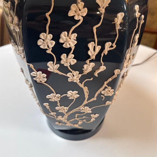Navy Impasto Table Lamp With Hand Sculpted Floral Relief, Vintage For Sale - Image 4 of 12