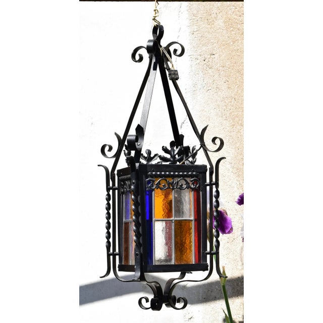 Antique Black Wrought Iron and Stained Glass Lantern, France, 1940s For Sale - Image 9 of 11