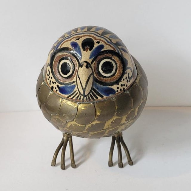 Mid Century Mexican Brass and Pottery Owl Sculpture Figurine by