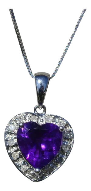Ladies Amethyst and Diamond Heart Necklace in 14K White Gold