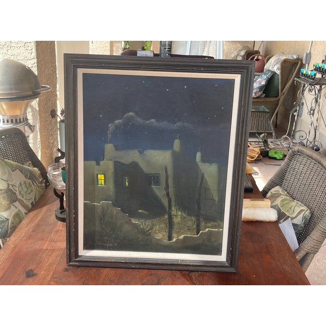 Rustic Mid Century Taos Nocturne William J. Monaghan 1977 Canvas Oil Painting For Sale - Image 3 of 8