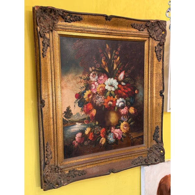 Still Life Floral Acrylic on Canvas Painting Antiqued Wood Frame Signed For Sale - Image 10 of 11