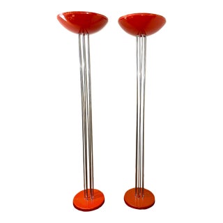 Pair of Vintage Mid-Century Modern Red and Chrome Torchiere Floor Lamps For Sale