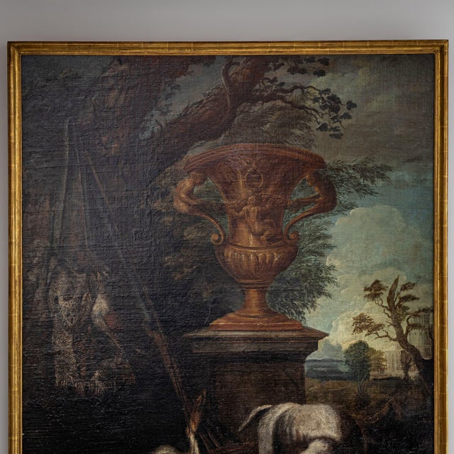 Blue Baroque Artist, Hunting Still Life with Dog, 18th Century, Large Oil on Canvas, Framed For Sale - Image 8 of 14