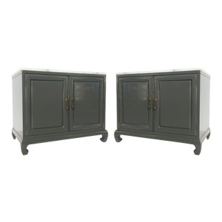Chinese Chippendale Pagoda Nightstands with Marble Tops - A Pair For Sale
